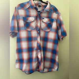 Men’s The North Face Plaid Short Sleeve Button Down Shirt Orange Blue Large